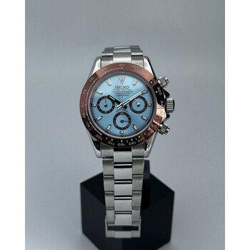 Custom Seiko Mod • Chrome Brown Ice Blue Platinum Daytona • 39.5mm